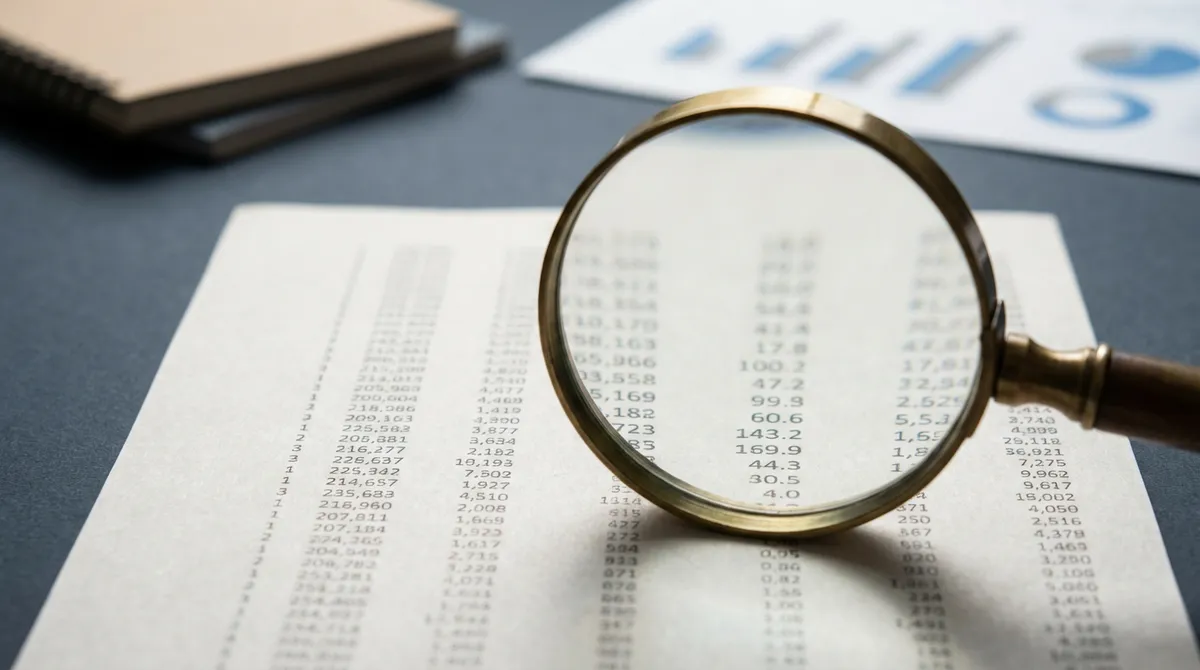 Powiększające szkło nad tabelą danych — analiza warunków