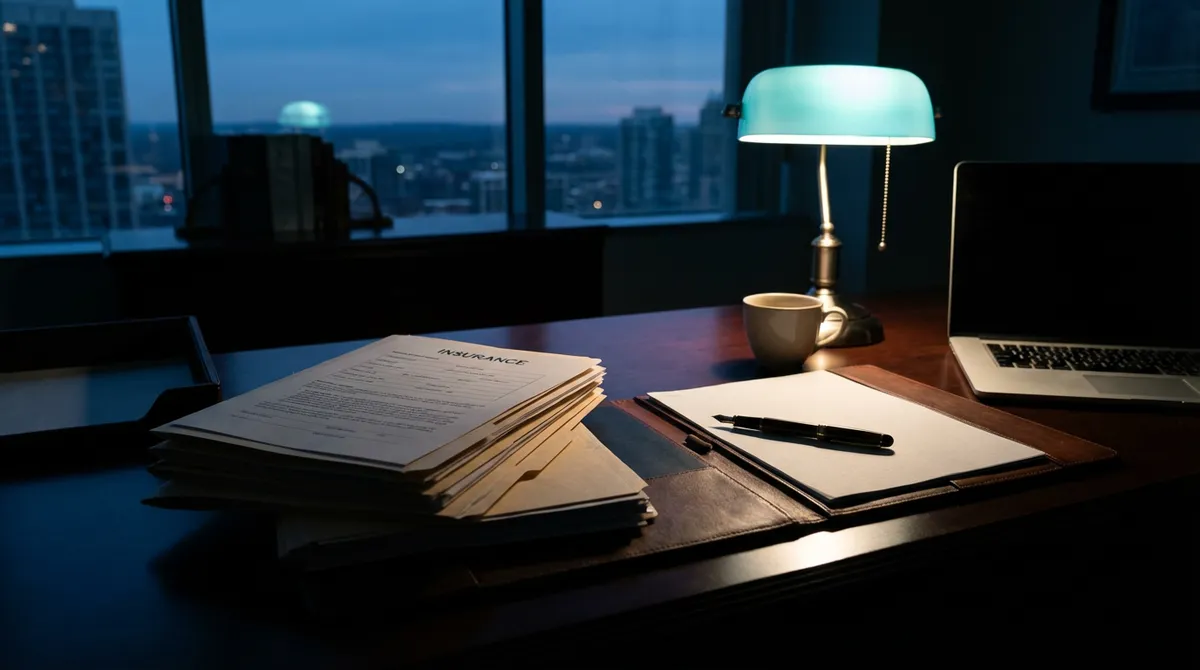 Stanowisko pracy z dokumentami ubezpieczeniowymi w nocnym oświetleniu biura