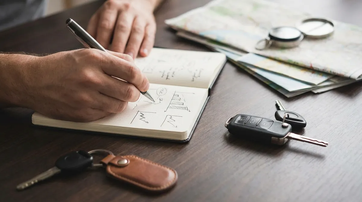 Notatki planistyczne obok kluczyków samochodowych na ciemnym blacie